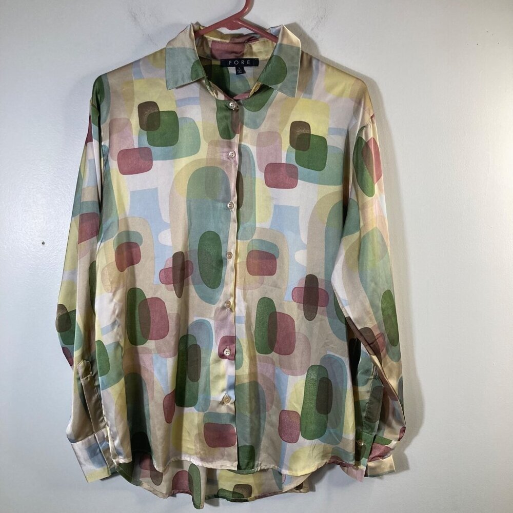Womens Fore 70s Retro Multicolored Satin Shirt Abstract Long Sleeve S Polyester